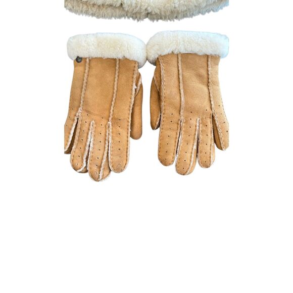 UGG Australia Shearling Sheepskin Bucket Hat & gloves Tan Leather Fur Trim Size - Picture 4 of 12